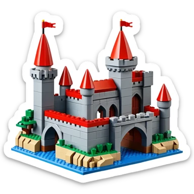 A photorealistic icon featuring a large medieval castle built from LEGO bricks, with detailed textures of the bricks, turrets, and drawbridge. The design captures the creativity and intricacy of LEGO construction with vibrant colors and realistic lighting. Transparent background sticker