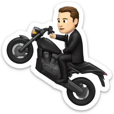 Create an iOS emoji of Elon Musk dressed in a black suit, riding a motorcycle. The character should resemble an action hero style, with a determined expression. Use a clean, minimalistic design to keep it simple and icon-like. sticker