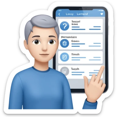 Create an image of an AI coach helping people set goals based on their hobbies. Show a person chatting with the AI, where the screen displays a list of steps and goals. Add elements of progress and personalization. Use a color palette that is associated with technology and innovation. sticker