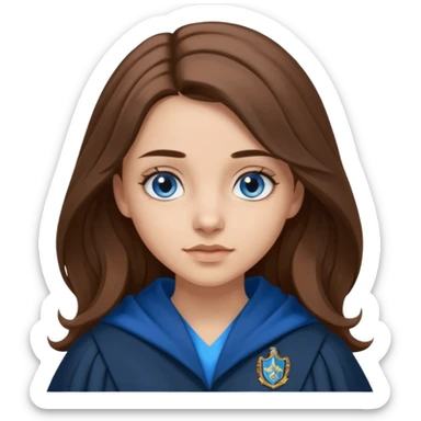 gorgeous Girl with light skin, blue eyes, long brown hair, wears ravenclaw black and blue robes  sticker
