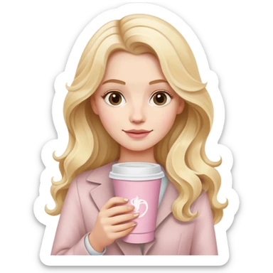 A white girl with long blonde wave hair and a pale pink paper cup of coffee sticker