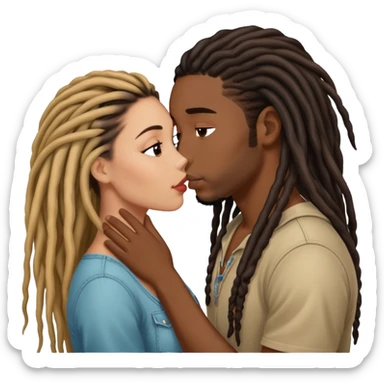 Latina Woman with long hair kissing a young black guy with dreads no beard sticker