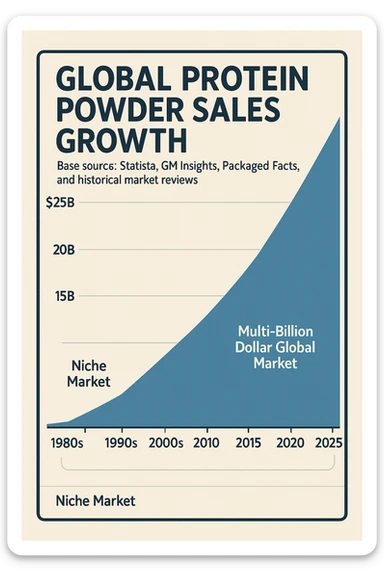 A gpt-style infographic chart showing global protein powder sales growth from the 1980s to 2025, based on open data from Statista, GM Insights, Packaged Facts, and historical market reviews.
It shows how the industry has grown from a niche market in the 1980s to a multi-billion dollar global market by 2020. sticker