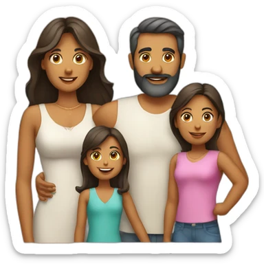 Indian family of 4 people, dad with beard, mom and 2 daughters on a beach sticker