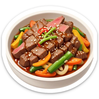 Cinematic Realistic Bulgogi Dish Emoji, featuring tender, marinated beef stir-fried with vegetables rendered with dynamic textures and mouth-watering lighting. sticker