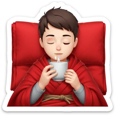 A European boy is sitting wrapped in a red blanket, drinking tea with his eyes closed. sticker