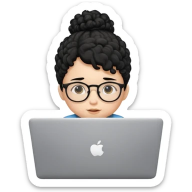 A baby DEVELOPER WITH A laptop, black curly hair and topknot, wearing glasses sticker