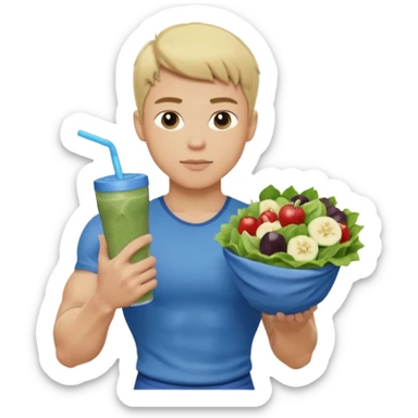 A young male person with a muscular, well-defined build. He has short blonde hair, a light skin tone, and a neutral facial expression. He wears blue cloth. He is holding a salad in one hand and a protein shake in the other. sticker