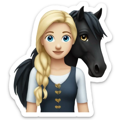blonde girl with blue eyes and her black horse sticker