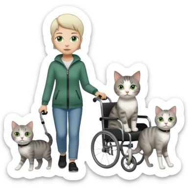full body small short hair dark grey and white cat with green eyes walking in a wheelchair for cats sticker