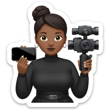 middle aged, plump woman photographer with dark hair, slicked back in a bun, wearing black clothes, carrying a canon r5, and an iPhone on a gimbal sticker