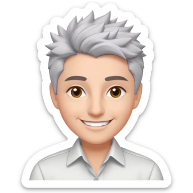 Close-up portrait of Marian Pabón with defined facial structure, light pinkish skin, almond eyes, arched eyebrows, charismatic wide smile, short spiky gray hair, wearing a formal white buttoned shirt sticker