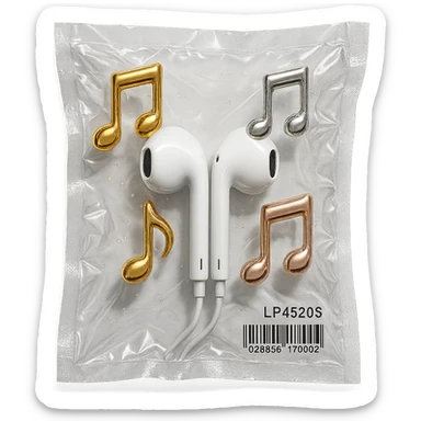 pair of white EarPods with three floating glass music notes in gold, silver, and rose gold, shiny and puffy sticker