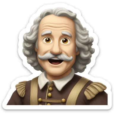 Short pudgy old man over enthusiastic happy excited face bald forehead long wavy gray and brown brunette long wavy hair moustache Shakespearean dress vintage clothes hamlet small arms sticker