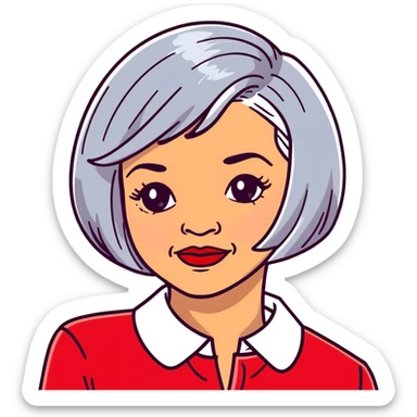 Elegant Hispanic senior woman, 70s, with silver bob haircut, bright complexion, marked cheekbones, almond-shaped hazel eyes, wearing red lipstick and a red structured collar blouse sticker