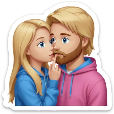 Pretty-long blonde hair blue eyed-girl-wearing a pink hoodie- facing a reddish brownish hair and beard-blue eyed-white male whose holding her face kissing  sticker