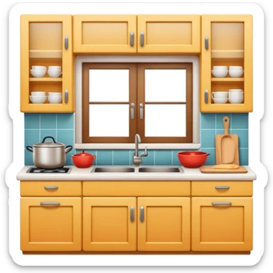 A cozy home kitchen in clean emoji-style illustration. Warm colors, simple shapes, homemade dishes on the counter, friendly atmosphere, flat design, high contrast, clear outlines. sticker