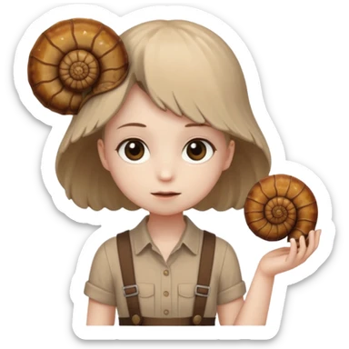 Shelly has a small, chibi-style body with a large ammonite-shaped head that looks like a beige fossil shell. One side of her head has a dark opening, making it clear she isn’t human. Her face is simple and soft, with big round eyes. She wears a brown suspender outfit over a lighter shirt sticker