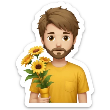 generate an ios genmoji of a 20 year old fair boy with brown long and messy hair with goattee beard on cheeks. carrying a flower bouquet, wearing a yellow tshirt, looking shy.  sticker