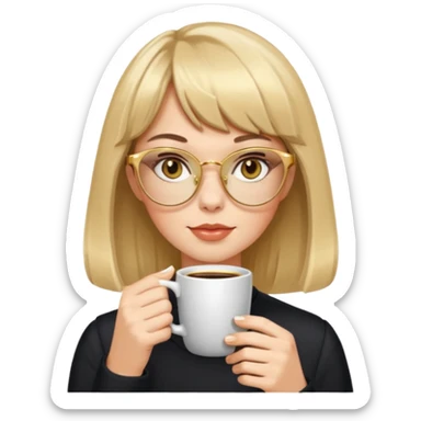 white woman with medium hair with bangs drinking coffee wearing golden cat eye glasses sticker