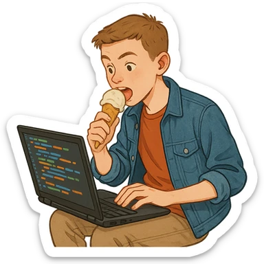 a white teenager with short hair, eating ice-cream, focused on laptop, coding, lively atmosphere, modern casual outfit sticker