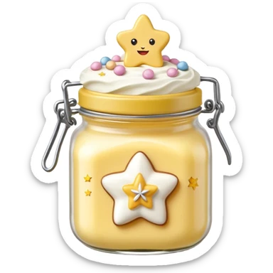 Una miniatura fotorrealista de una mantequilla corporal batida en un tarro, decorada con una pequeña figura sólida en forma de flor o estrella en la parte superior. Estilo: postre, arte, colores vibrantes. sticker