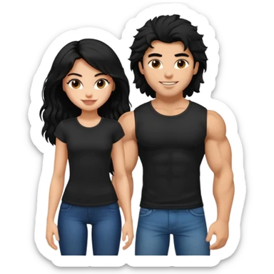 a pretty bratz guy with black hair with big muscles and shaggy hair in a tight black tee smiling standing with a girl sticker
