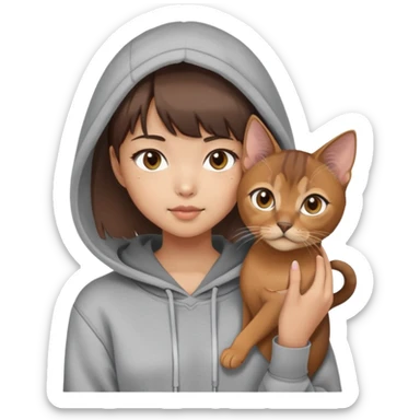 a asian girl with short brown hair and bangs holding an Abyssinian cat， wearing grey hoodie sticker