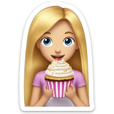 4-years old girl with golden straight hair and blue eyes eats cupcake sticker
