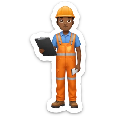 Indian male railway engineer orange overalls, boots holding a clipboard facing away sticker