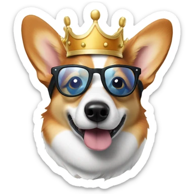 Tri-colored Corgi with a crown and round glasses sniffing the screen sticker