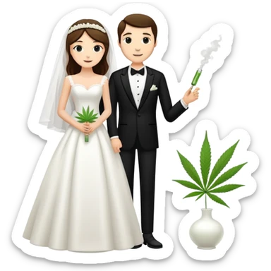 A bride in white wedding dress and groom in tuxedo, full body, sharing a cannabis joint, wedding couple sticker