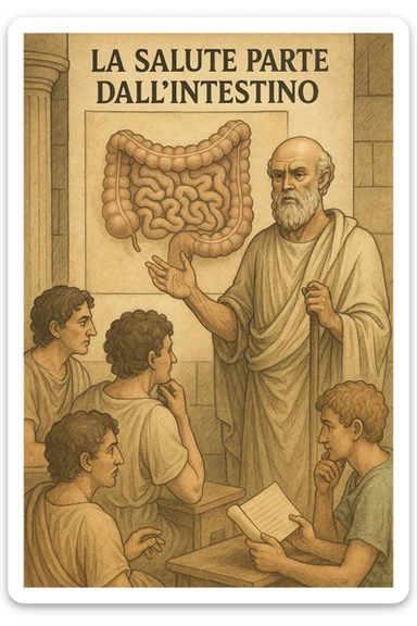Vertical format: Hippocrates explaining to a group of students, background with a large drawing of a healthy intestine, teaching atmosphere, Italian text: 'La salute parte dall’intestino.' sticker