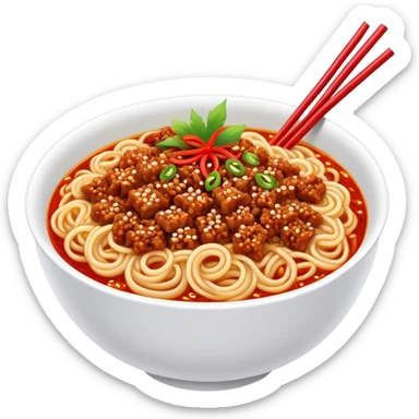 Sichuan Dan Dan Noodles with red chili oil and minced pork, simplified emoji style with bold outlines and bright colors, cartoon style spicy Chengdu street food sticker