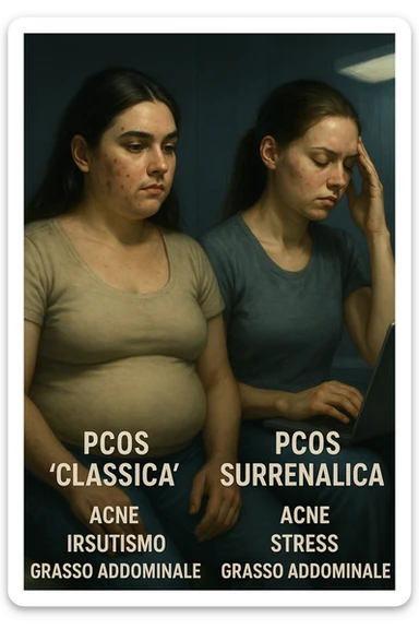 Illustrazione verticale realistica in italiano: a sinistra donna con PCOS classica, a destra donna con PCOS surrenalica, con differenze visibili nei sintomi come acne, irsutismo, stress, distribuzione del grasso. Atmosfera clinica con luci drammatiche. Didascalie in italiano. Aspect ratio 2:3. sticker
