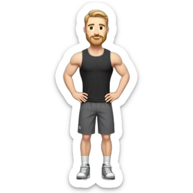 Full height Pale skinned fit man With biceps, Realistic eyes and mouth, light brown hair and stubble In dark gray sleeveless mike, black oversize sports shorts, watch and white sneakers. sticker