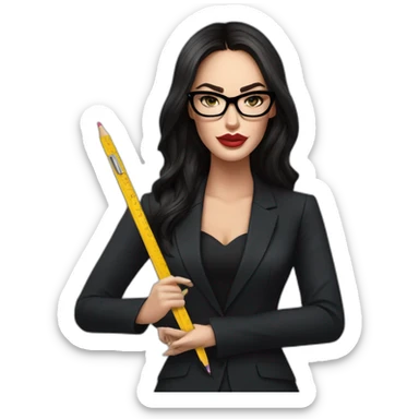 hyper realistic megan fox, wearing black suit and black glasses, holding a ruler sticker