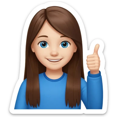 11 year old girl, blue eyes, brown long ish straight hair, smile and two thumbss up sticker