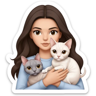 brunette Kendall Jenner with long hair holding on the hands a british white cat and a grey Sphynx sticker