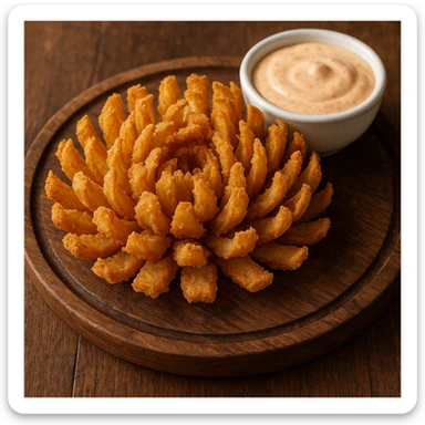 a restaurant-style awesome blossom, crispy fried onion petals arranged in a circular bloom, with a side of dipping sauce, visually appealing and delicious sticker