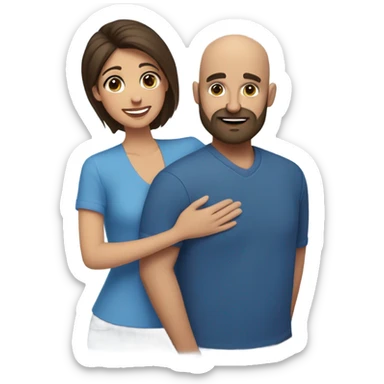Comforting hug from brunette Puerto Rican with dark brown eyes wearing a cute blue blouse to short, bald man with brown eyes, laugh lines, and a beard sticker