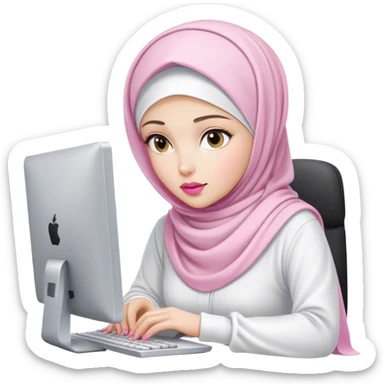 white skin hijab scarf woman working in computer. Her outfit is white, her lips is pink, her expression is focused on computer, her scarf color is white sticker