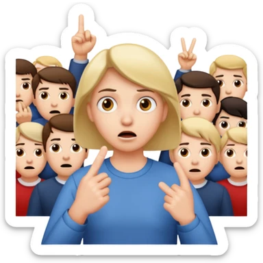 A person in the front row feeling scared, with the audience behind them POINTING FINGER. sticker