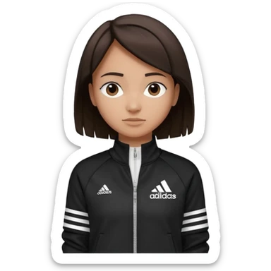 A girl with  medium-length, dark brown hair. The style is a soft, layered cut that falls around her shoulders. wore black Adidas track jacket with white stripes on the sleeves. It has a full zipper down the front, a stand-up collar, and the Adidas logo on the right chest emoji sticker