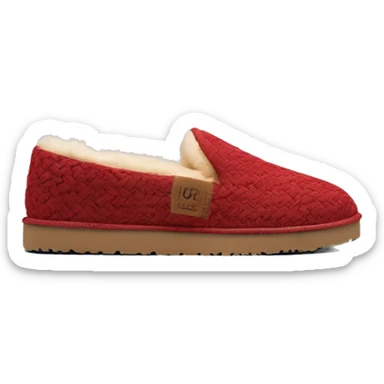 Camel platform slip-on UGG slippers. has a thin red woven zig-zag trim detail on the cuff sticker