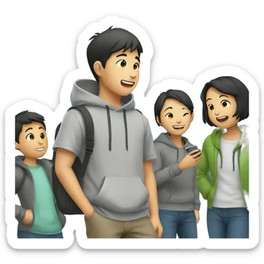 asian boy in grey hoodie talking with friends sticker