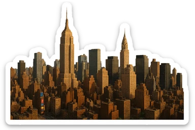 cinematic, realistic emoji of New York City, wide city view focusing on Midtown Manhattan with the Empire State Building, Chrysler Building, Times Square, and Rockefeller Center, lifelike architectural detail, accurate colors, bright daytime lighting, fully transparent background, no sky, no clouds, no city name label sticker