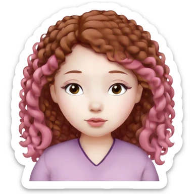 Girl with pale skin , little chubby cheeks and light pink blush, long brown curly hair, full light pink lips, small nose, close set brown eyes asian eyes, medium thickness eyebrows sticker