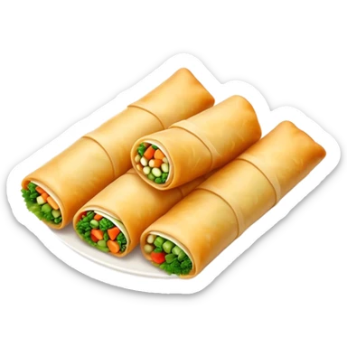 Cinematic Realistic Spring Rolls Dish Emoji, featuring golden, crispy rolls filled with fresh vegetables rendered with detailed textures and warm natural lighting. sticker