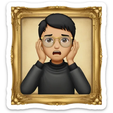 Make an apple choking emoji of a tan gender neutral person with black hair and gold frame glasses with their hand on their neck choking themselves  sticker